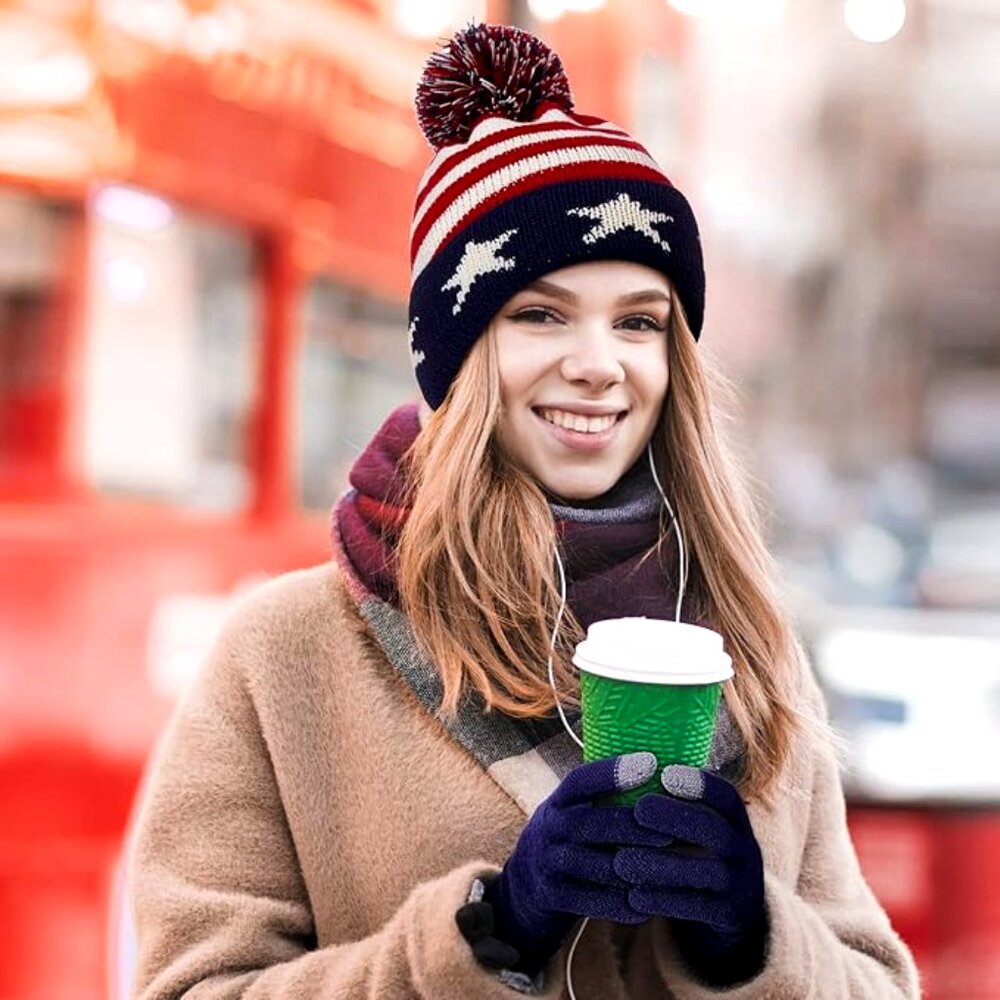 American Flag Jacquard Stripped Patriotic Cap With Pom • Unisex Beanie - Picture 1 of 3